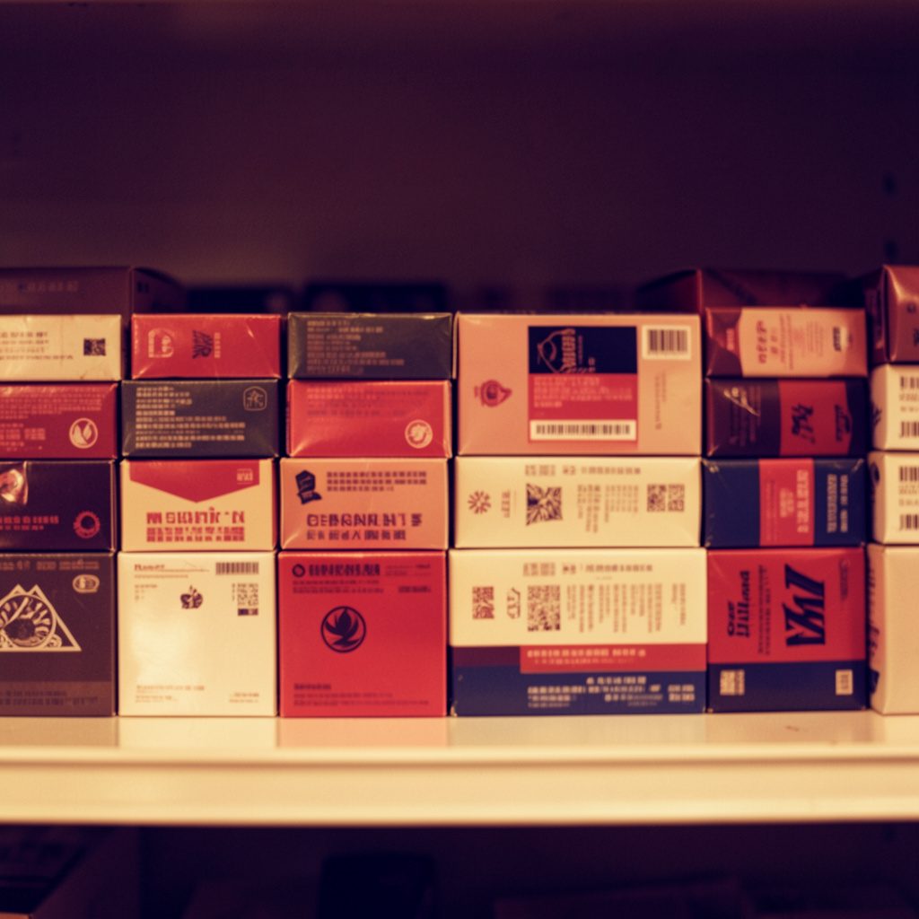 Warm-toned photograph of stacked cigarette cartons on a shelf in soft amber light, rich browns and creams, rendered as a hard two-tone duotone in crimson and navy.