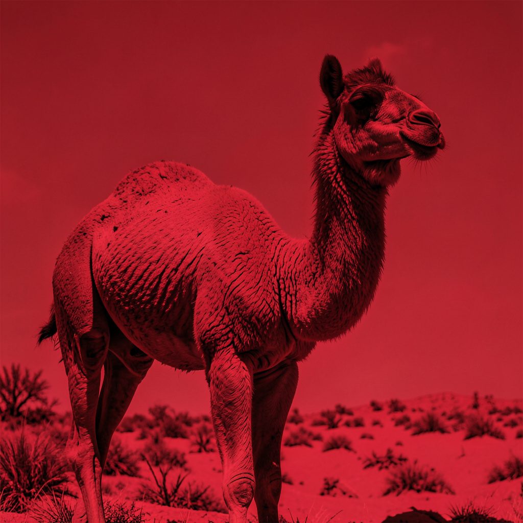Duotone photograph of a Camel cigarette pack shown in muted sand and charcoal tones against a plain backdrop